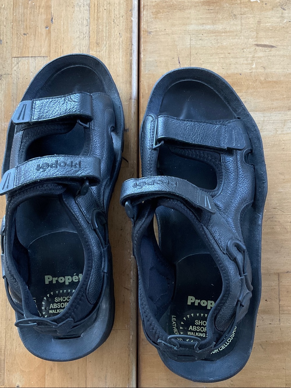 Propet Menks Black Adjustable Leather Shock Absorbing Walking Shoes Sandals